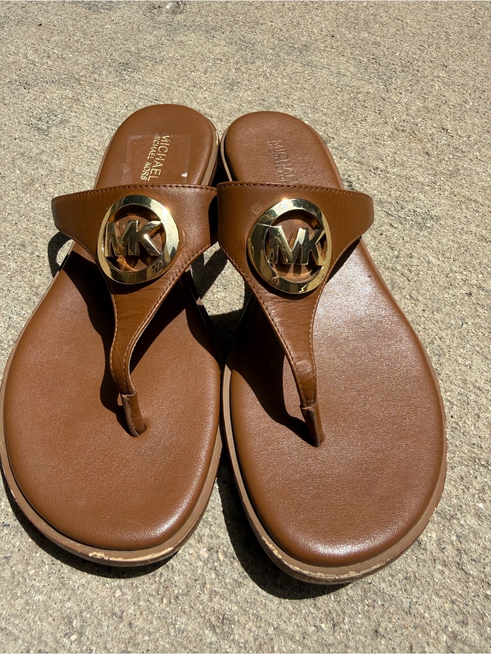 Michael Kors Tan Brown Leather Slide Sandals with Gold Accents